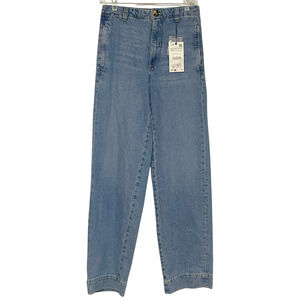 Zara Barrel Fit Jeans Sz 2 Wide Leg 28"Wx33""L 10.5" Rise Medium Wash Denim NWT
